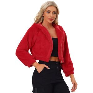 Faux Fur Coat Zip Up Hooded Cropped Fuzzy Fleece Jacket Red